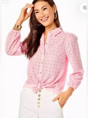 Pink Lilly Pulitzer Sea Breeze Eyelet Button
Down Top - NWT Medium